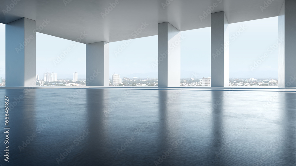 Poster 3d render of abstract indoor architecture with empty concrete floor on cityscape background. 