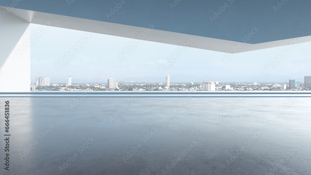 Poster 3d render of abstract indoor architecture with empty concrete floor on cityscape background. 