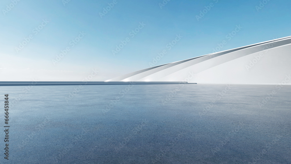 Poster 3d render of abstract futuristic architecture with empty concrete floor. Scene for car presentation.