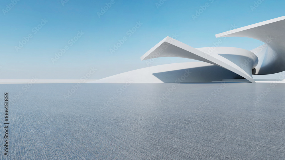 Poster 3d render of abstract futuristic architecture with empty concrete floor. Scene for car presentation.