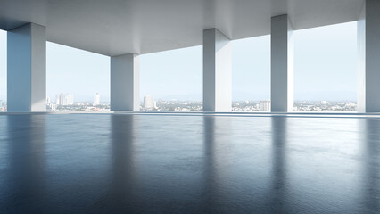 3d render of abstract indoor architecture with empty concrete floor on cityscape background. 