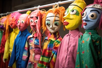 lightweight and colorful puppet costumes waiting for a show - obrazy, fototapety, plakaty