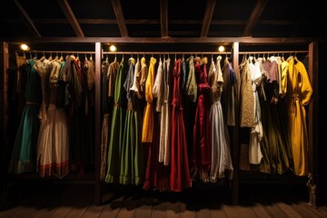 collection of theater costumes on a rack in dim lighting - obrazy, fototapety, plakaty