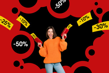 Collage retro sketch image of funny cool lady shooting money gun big discounts isolated black red color background