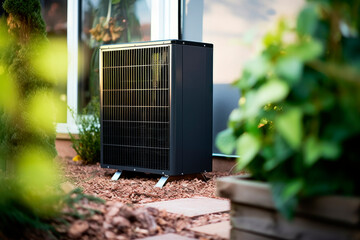 Air source heat pump installed outside of a modern house - obrazy, fototapety, plakaty