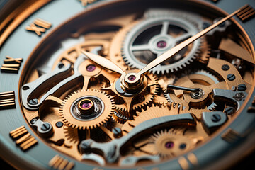 Closeup of clock mechanism gears, time and deadline concept