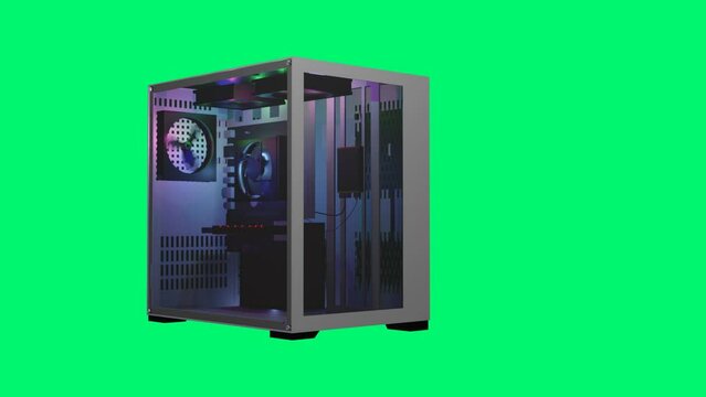 The 3D-Rendered White computer case with 4 spectacular Fans and RGB Lighting , This video features a Green background.