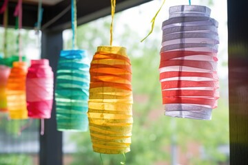 homemade paper lanterns with colored papers and twine
