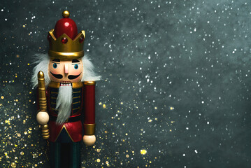 Christmas concept background. Top view of Christmas wooden nutcracker toy solider with space for...