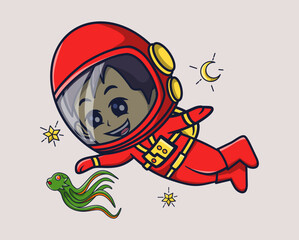 vector illustration of astronaut catching cute octopus alien. science technology icon concept