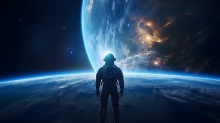 3D illustration of astronaut looking.at Earth. - obrazy, fototapety, plakaty