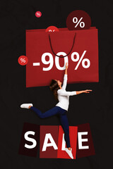 Creative template collage image of funky excited carefree lady exciting big sale isolated black...