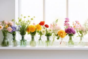 fresh spring flowers in glass jars on a white shelf