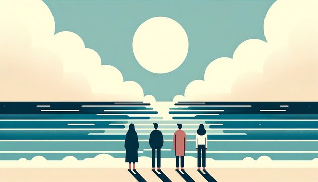 Minimalistic flat design of four people from different backgrounds standing at the shore, gazing at the horizon where the sea meets the sky, representing unity in contemplation and vastness.

