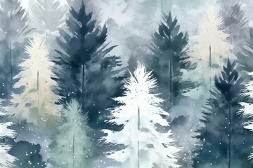 Seamless pattern of snowy pine trees in winter. Watercolor spruce backdrop with conifer trees. White snow forest design for Christmas packaging, cards, invitation, and wrapping paper. Generative AI