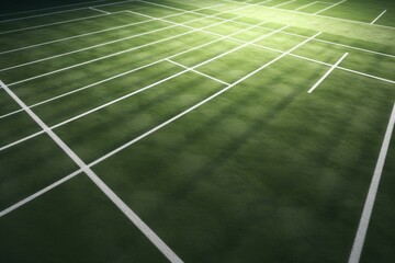 3D rendering of a soccer turf field with intersecting white lines. Generative AI
