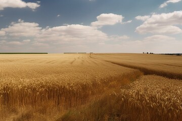 Fototapeta na wymiar Mature fields of yellow wheat and fresh corn crops prepared for harvest. Generative AI