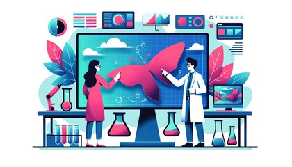 Flat illustration of two diverse individuals examining a liquid crystal display that morphs shapes, symbolizing adaptive screen technology in a state-of-the-art tech lab.