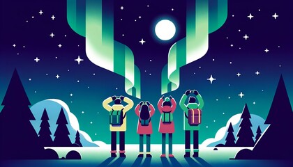 Simple flat design of three diverse characters marveling at an aurora borealis, representing unity in witnessing nature's mesmerizing spectacles against a polar night sky.

