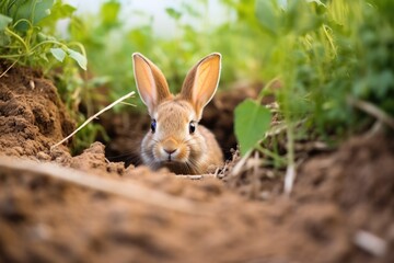 a small rabbit peeking from a burrow - obrazy, fototapety, plakaty