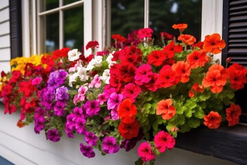 assorted colorful geraniums lining a window box