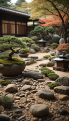 Fototapeta na wymiar Zen garden with carefully raked gravel, bonsai trees, and a peaceful ambiance.