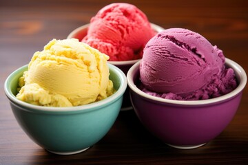 a trio of different-colored ice cream scoops in a bowl
