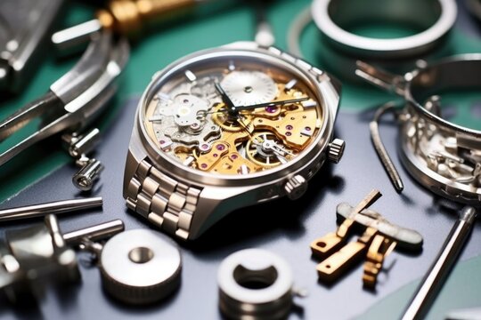 close-up of pilot watch components on worktable