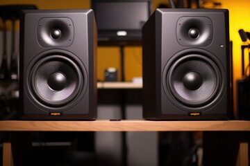 zoomed in image of studio speakers on a desk