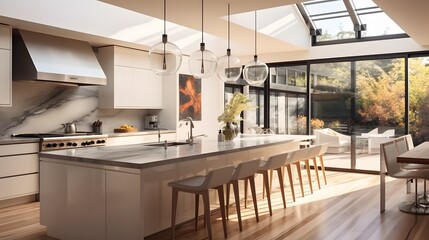 Warm white kitchen with expansive countertops island ai generated art Generative AI