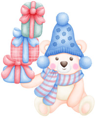Cute Watercolor Christmas Teddy Bear