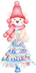 Cute Watercolor Christmas Teddy Bear