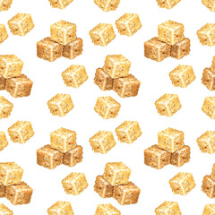 watercolor seamless pattern with brown sugar cubes, hand drawn illustration of cane sugar, sweet food isolated on white background