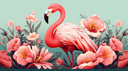 Illustration of a bird flamingo with daisy flowers