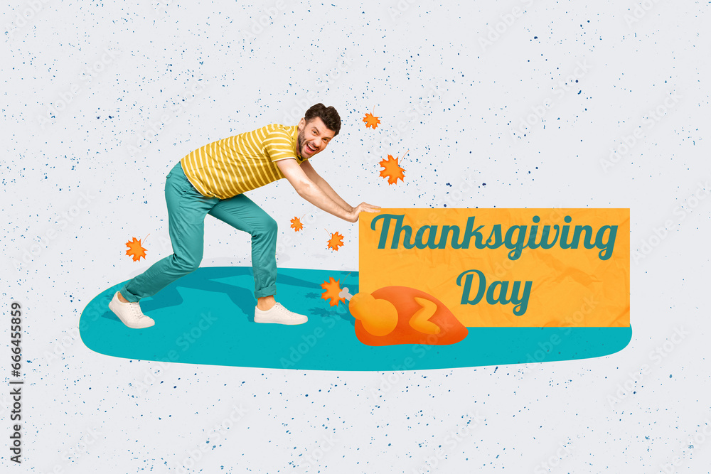 Sticker Creative collage picture of funky crazy guy arms push thanksgiving day poster baked turkey isolated on painted background