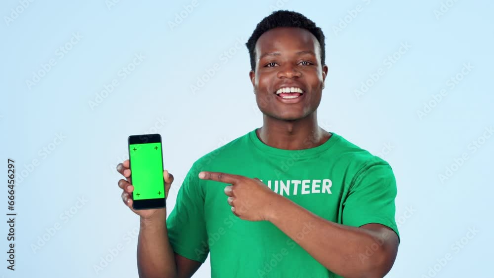 Poster man, volunteering and phone green screen for website presentation, join us or sign up to volunteer i