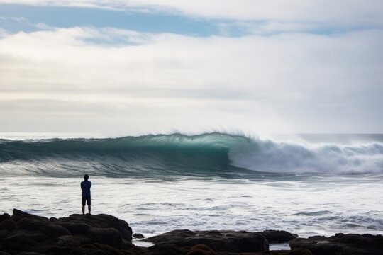 Shot From Behind Of A Surfer Watching A Large Wave Approach