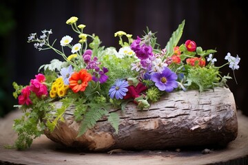 mixed flower arrangement in a hollowed-out log