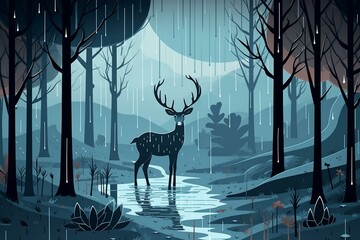 Rainy forest scene with deer and antlers. Generative AI