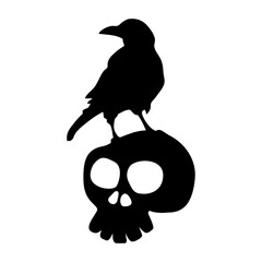 Logo con silueta de cuervo en calavera humana para su uso en invitaciones y tarjetas de Halloween