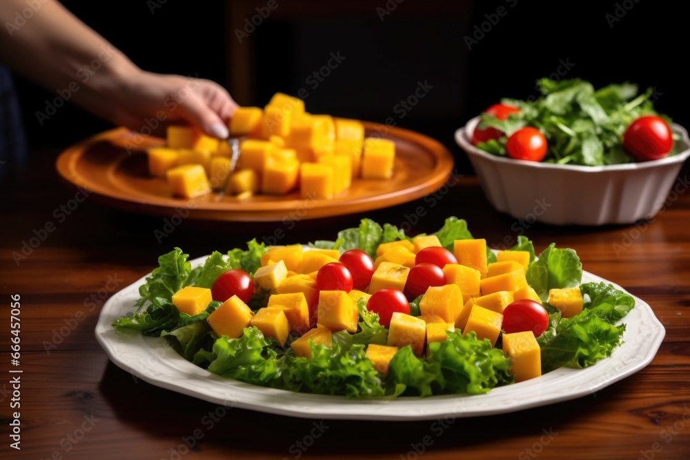 Canvas Prints hand arranging butternut squash cubes on a salad plate