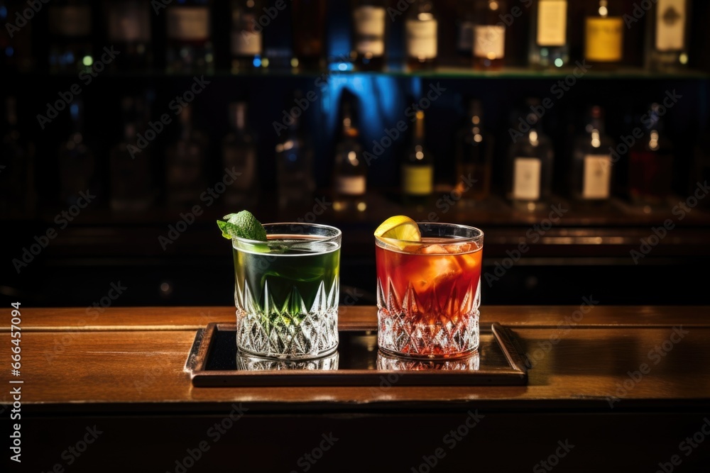 Poster two identical cocktails on a bar stand