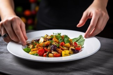 Obraz na płótnie Canvas human hand serving a portion of roasted vegetable salad onto a white plate