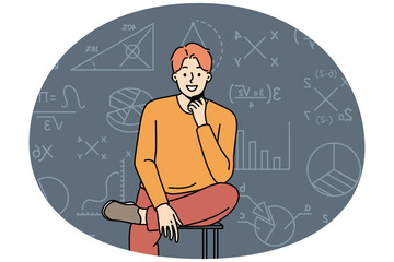 Smiling smart young man sit on chair on mathematics formula background. Successful clever male teacher or tutor near board in class. Vector illustration. - obrazy, fototapety, plakaty