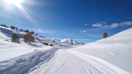 Narrow empty ski run, snow and blue sky - obrazy, fototapety, plakaty