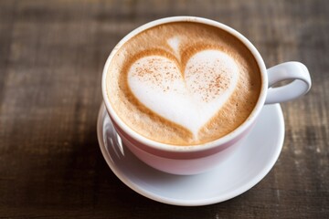 heart drawn on frothy cappuccino in a coffee mug