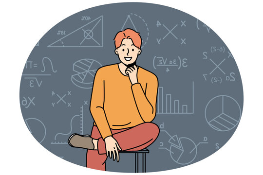 Smiling smart young man sit on chair on mathematics formula background. Successful clever male teacher or tutor near board in class. Vector illustration.
