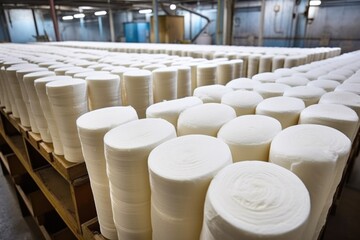 rolls of fiberglass insulation in a factory setting