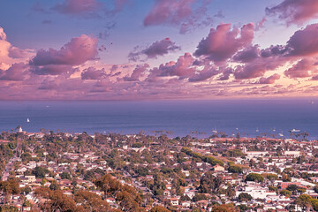 Sunset views of Santa Barbara, California from the mountains
