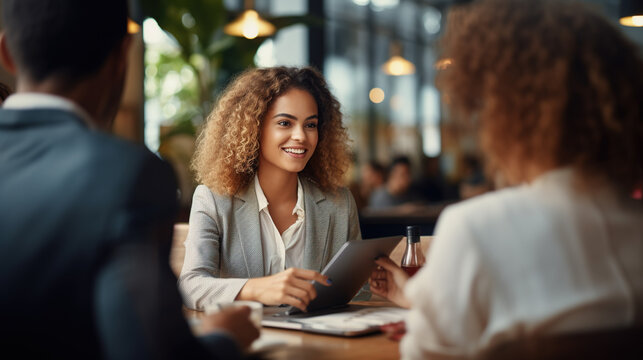 Young Businesswoman Having a Productive Meeting with Clients in a Restaurant Setting